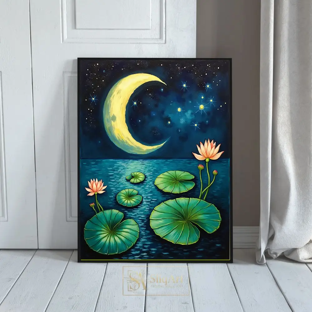 Celestial Moonlit Lotus Pond Wall Art - Serene Night Sky Canvas