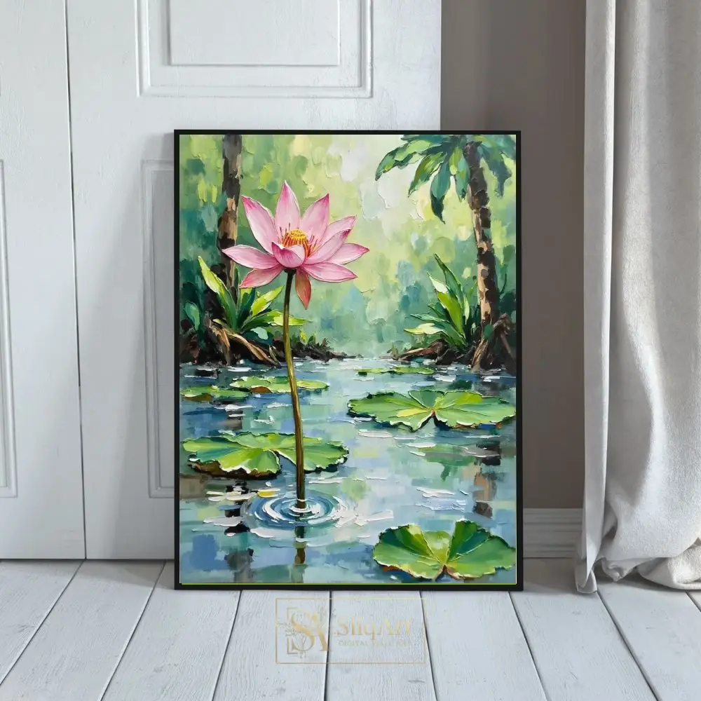 Serene Pink Lotus Pond - Impressionist Palette Knife Floral Oil Painting