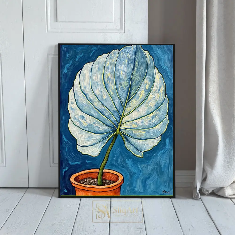 Blue Botanical Impressionist Leaf Canvas Art - Textured Potted Plant Wall Decor