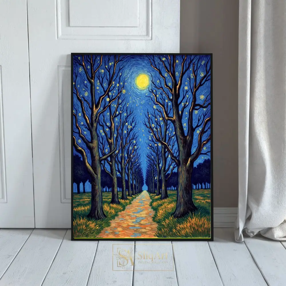 Celestial Forest Path - Van Gogh Inspired Night Landscape