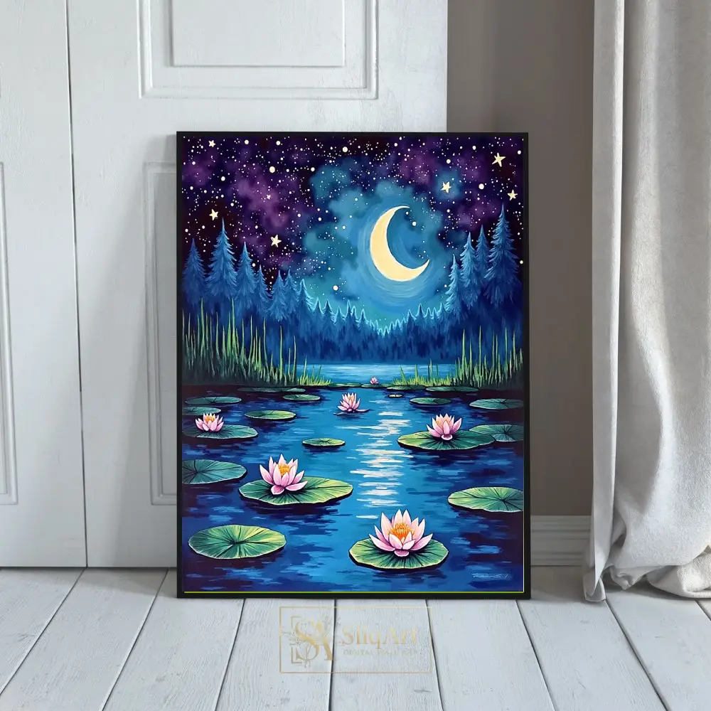 Enchanted Night Lake Lotus & Crescent Moon Canvas Art
