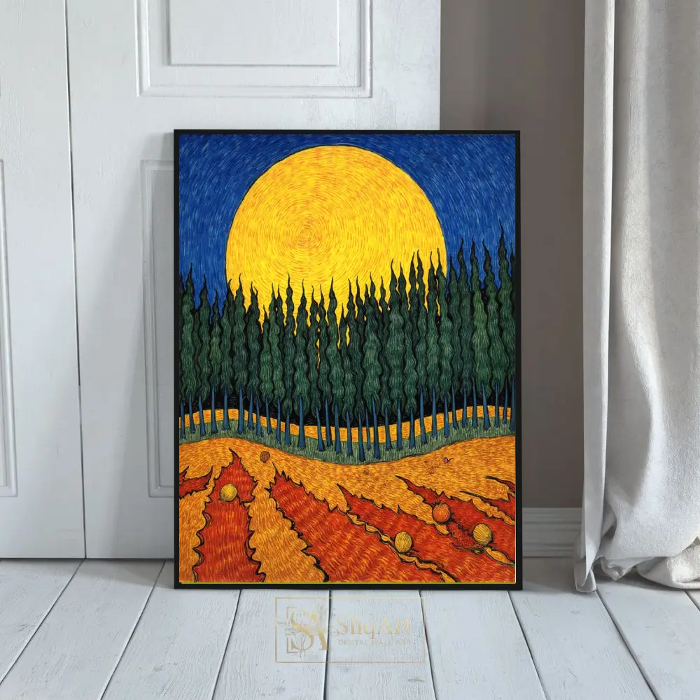 Celestial Cypress Landscape Art - Post-Impressionist Vibrant Wall Decor