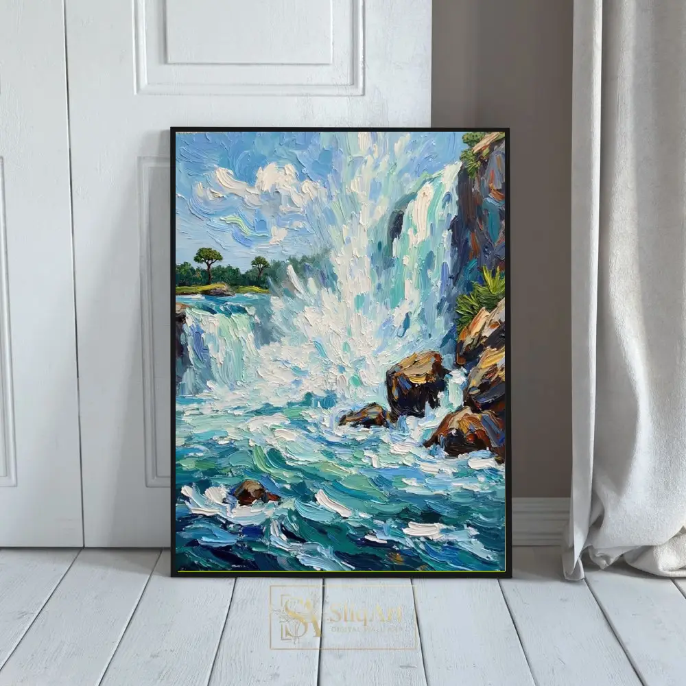 Impressionist Waterfall Impasto Canvas Art - Azure Cascades