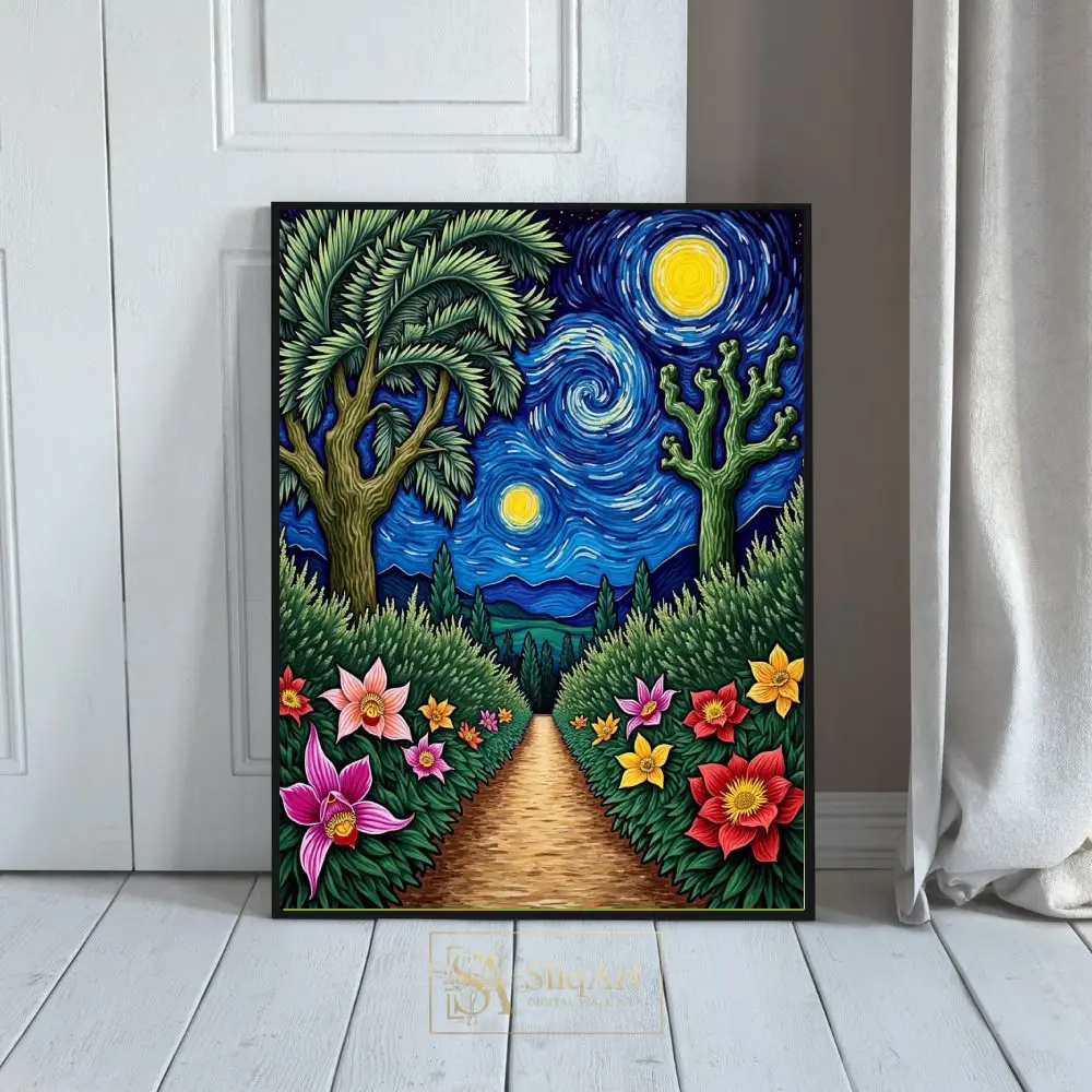 Tropical Starry Night Landscape Wall Art - Impressionist Floral Garden Canvas