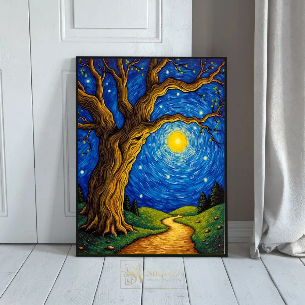 Enchanted Night Path Canvas Art - Starry Sky & Ancient Tree