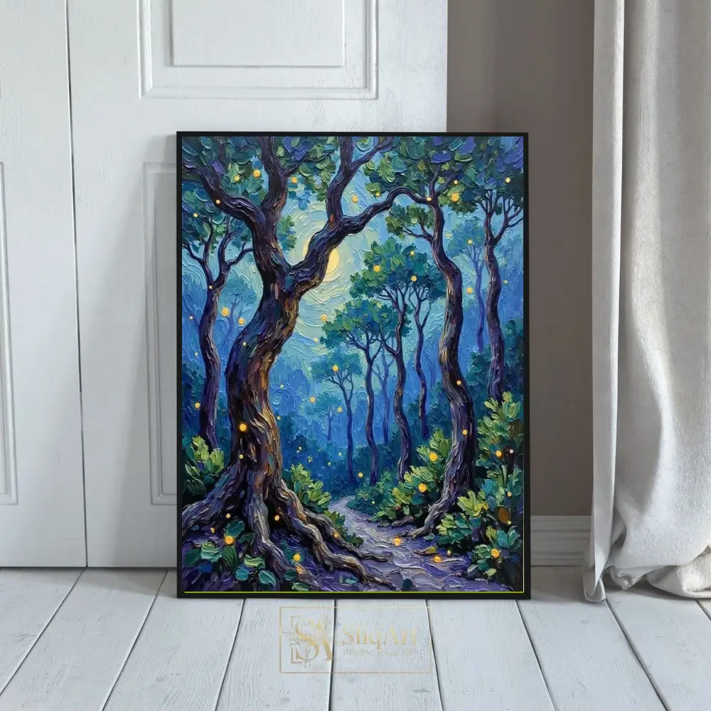 Enchanted Night Forest Impasto Canvas Art - Magical Fireflies in Blue Woods