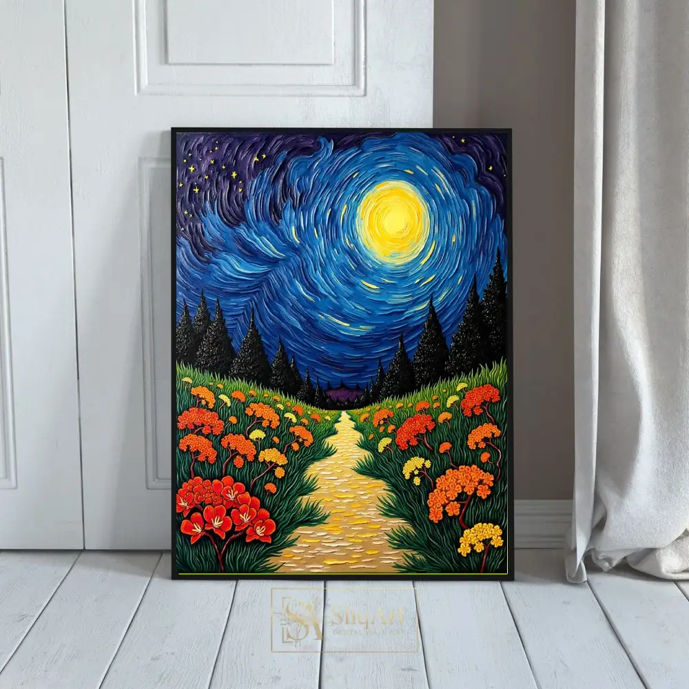 Celestial Bloom Night Landscape Canvas Art