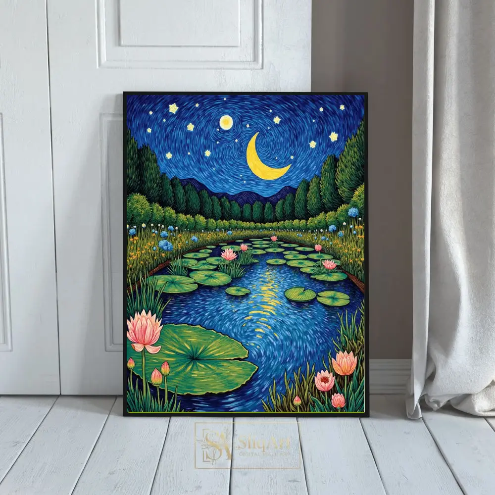 Celestial Lily Pond Wall Art - Post-Impressionist Night Sky Canvas