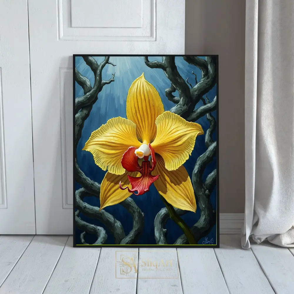 Radiant Yellow Orchid & Gnarled Branches - Modern Botanical Wall Art