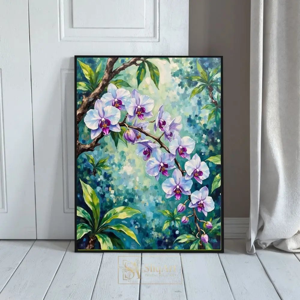Purple Orchid Branch Impressionist Canvas Wall Art
