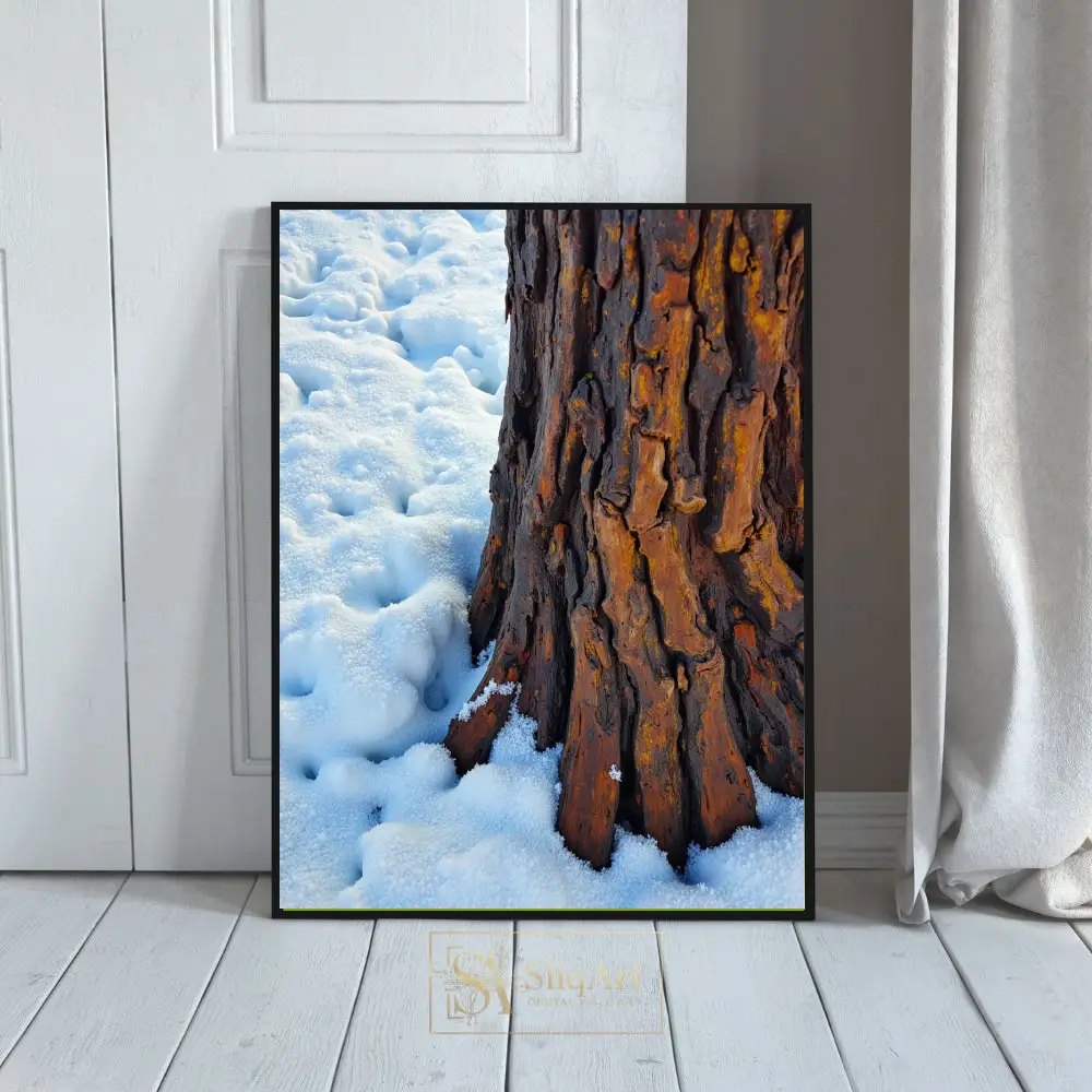 Rustic Tree Bark and Snow Wall Art - Winter Nature Photography