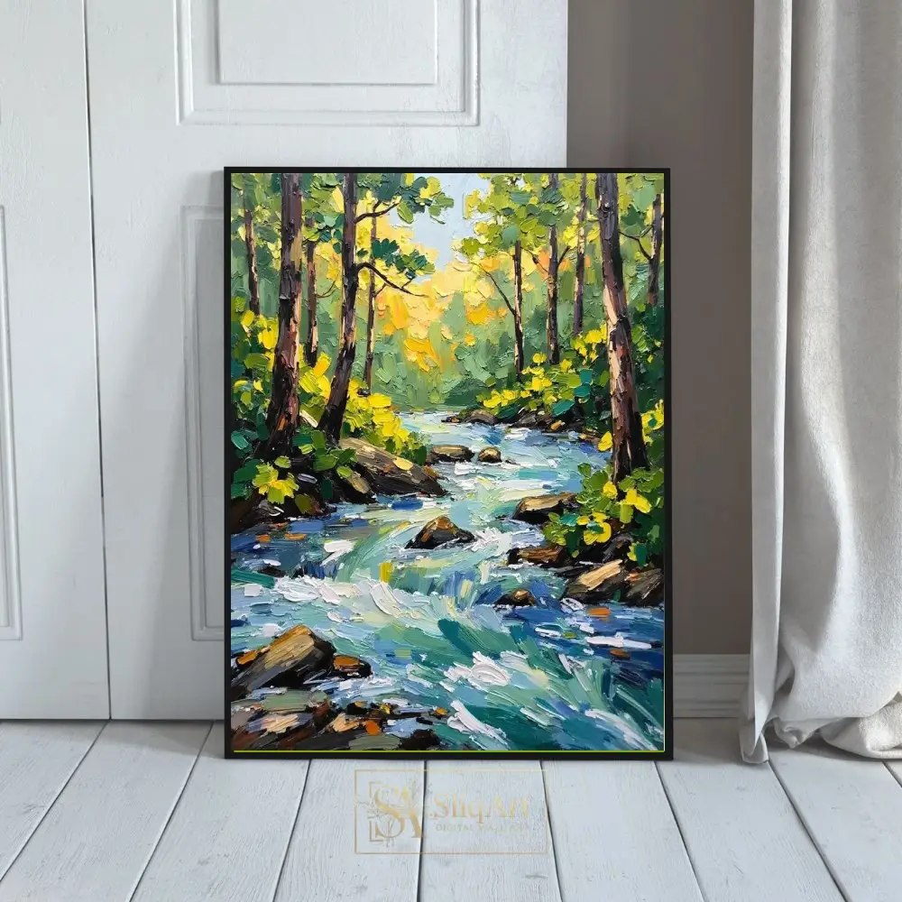 Vibrant Forest Stream Impressionist Canvas Wall Art