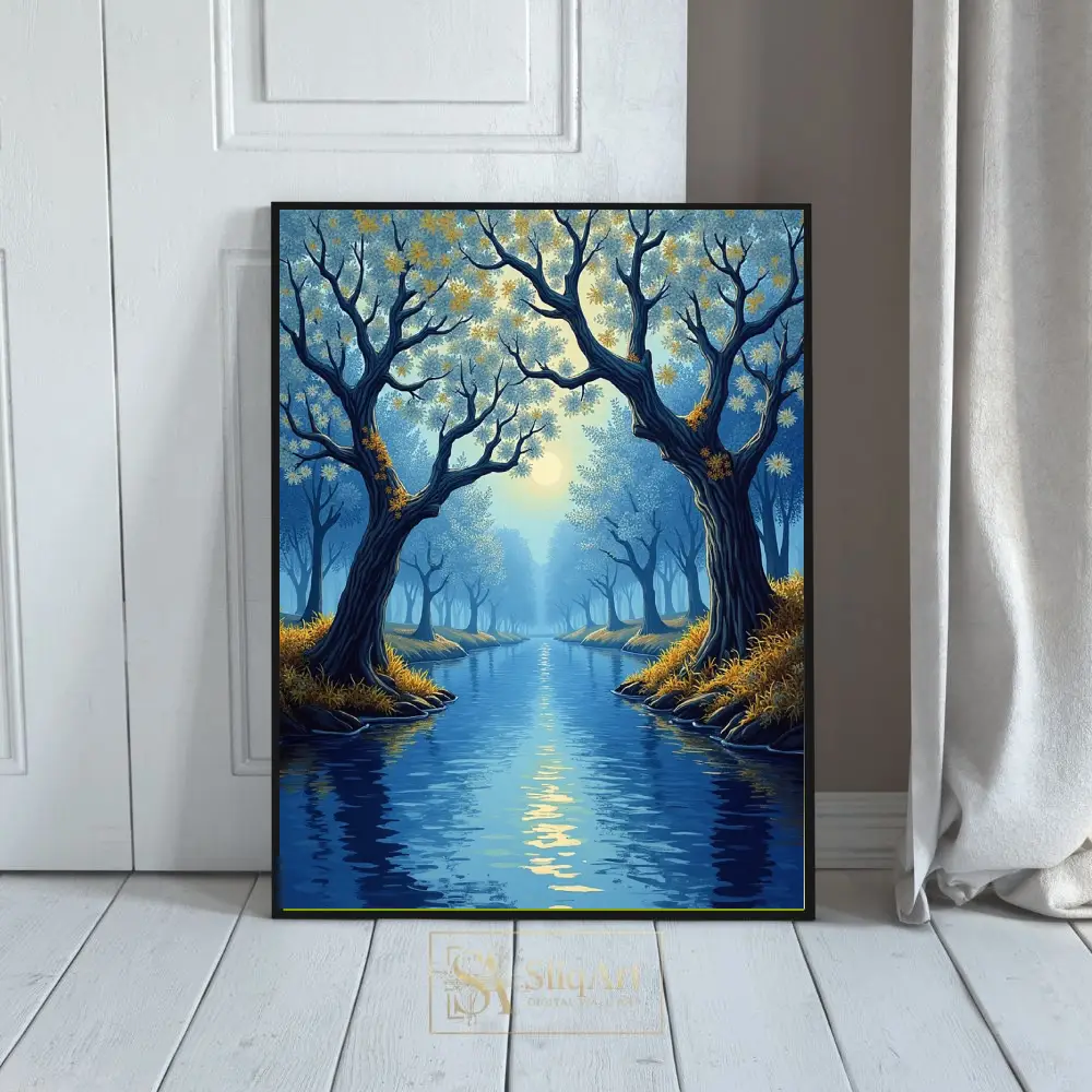 Midnight River Serenity Canvas Wall Art - Mystical Blue Landscape