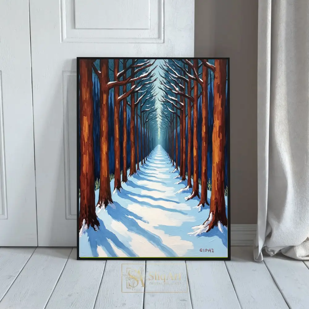 Winter Forest Path Painting - Symmetrical Snowy Woods Wall Art