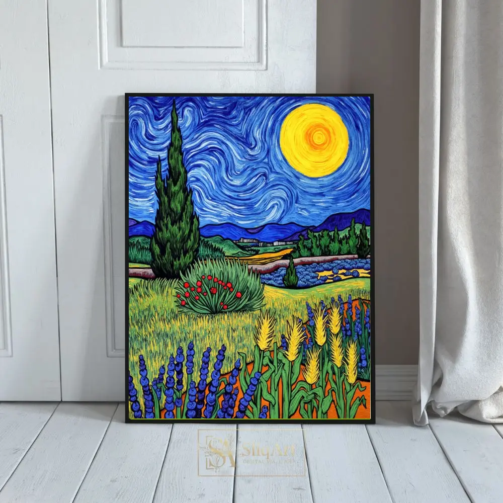 Post-Impressionist Landscape Art: Swirling Sky & Sun Canvas