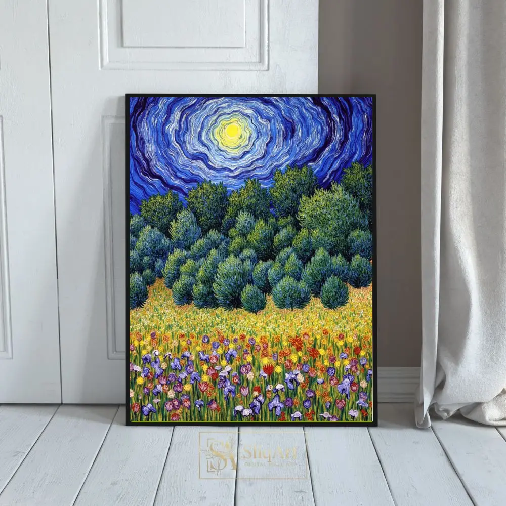 Celestial Bloom: Impressionist Wildflower and Swirling Sky Art