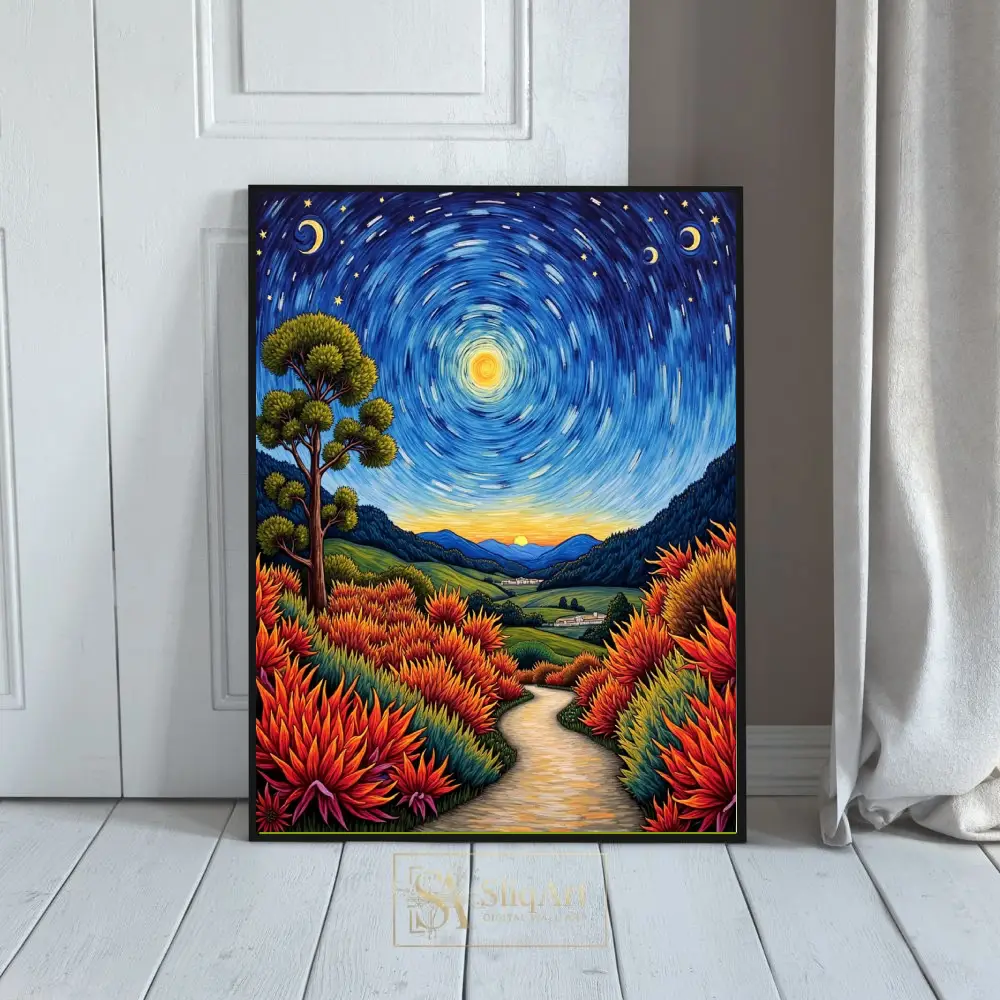 Cosmic Valley Landscape Canvas Art - Van Gogh Inspired Nature Wall Decor