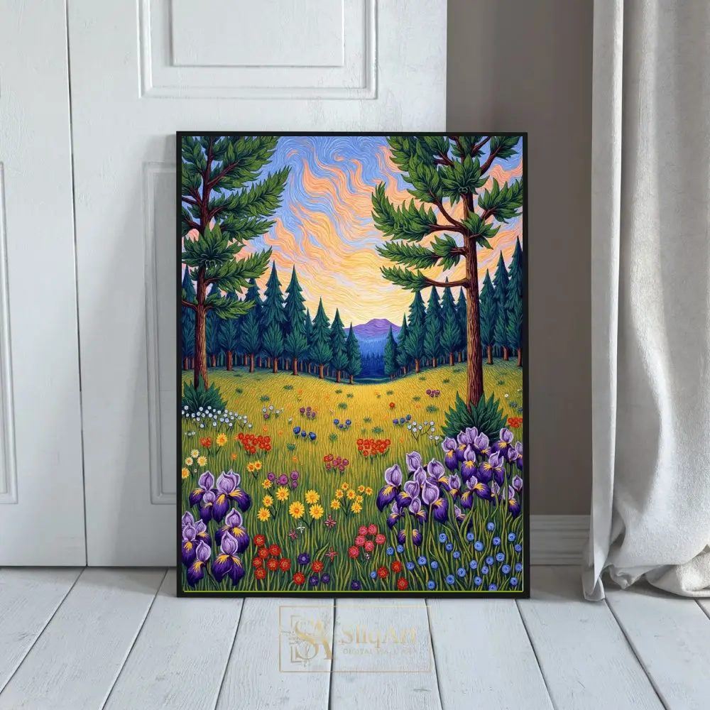 Vibrant Wildflower Meadow Landscape Wall Art - Impressionist Pine Forest