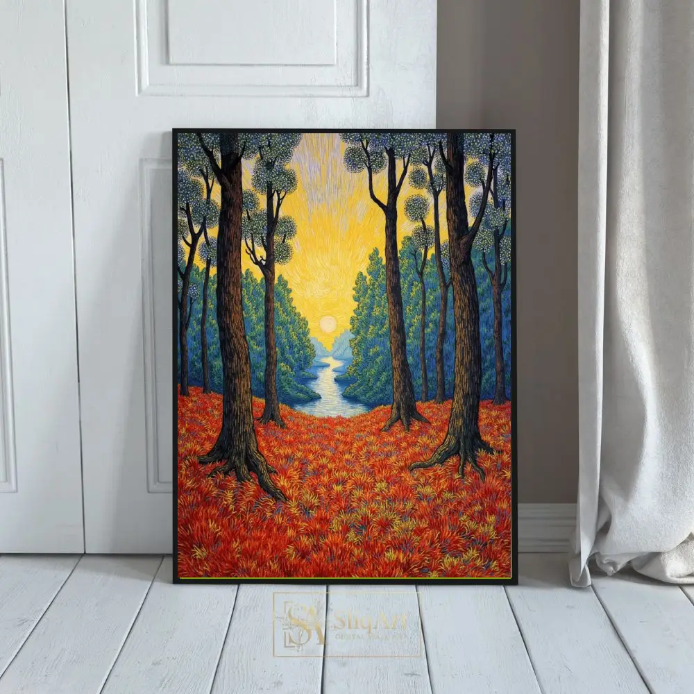 Post-Impressionist Forest Sunset Wall Art - Vibrant Nature Landscape