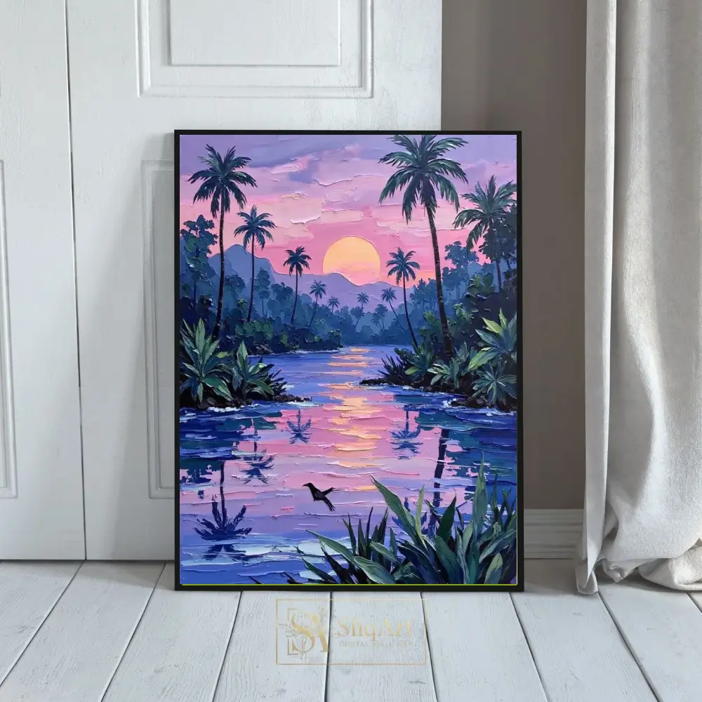 Tropical Sunset River Palette Knife Painting - Vibrant Impasto Wall Art