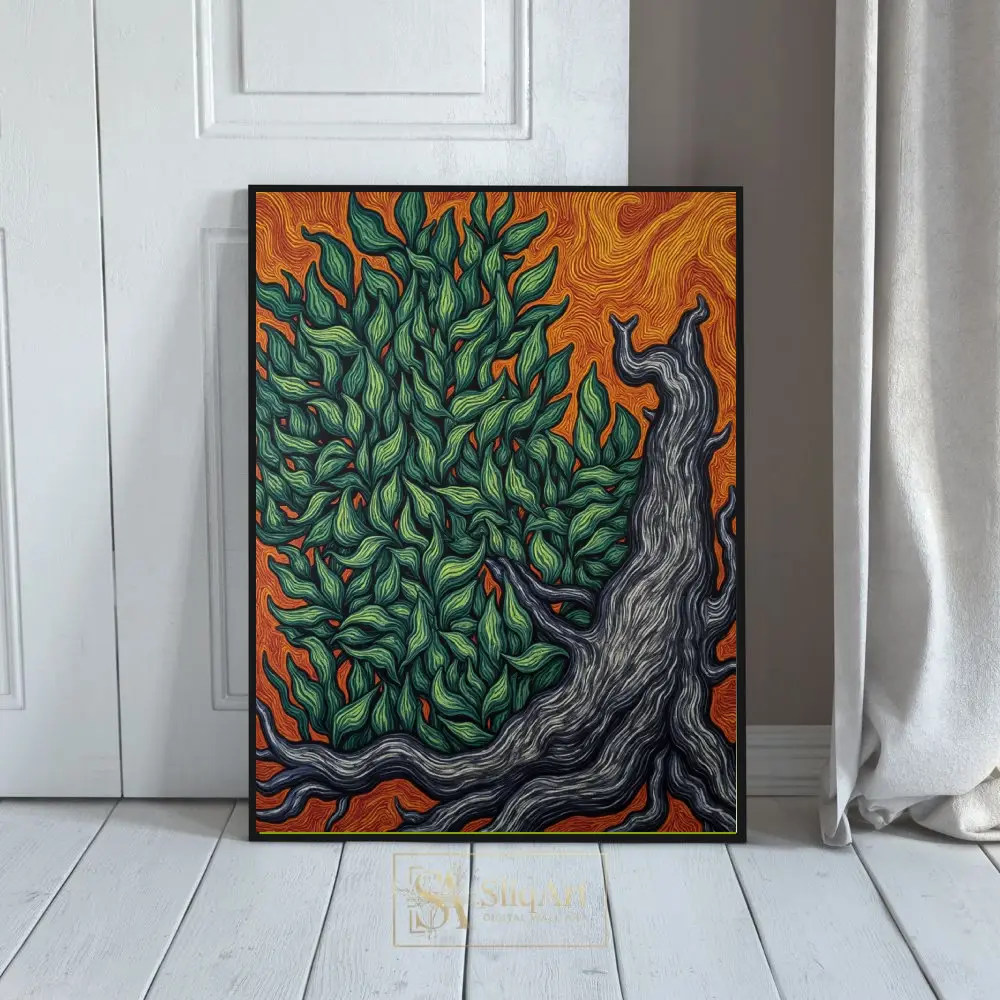 Abstract Gnarled Tree Wall Art - Vibrant Green & Orange Botanical Print