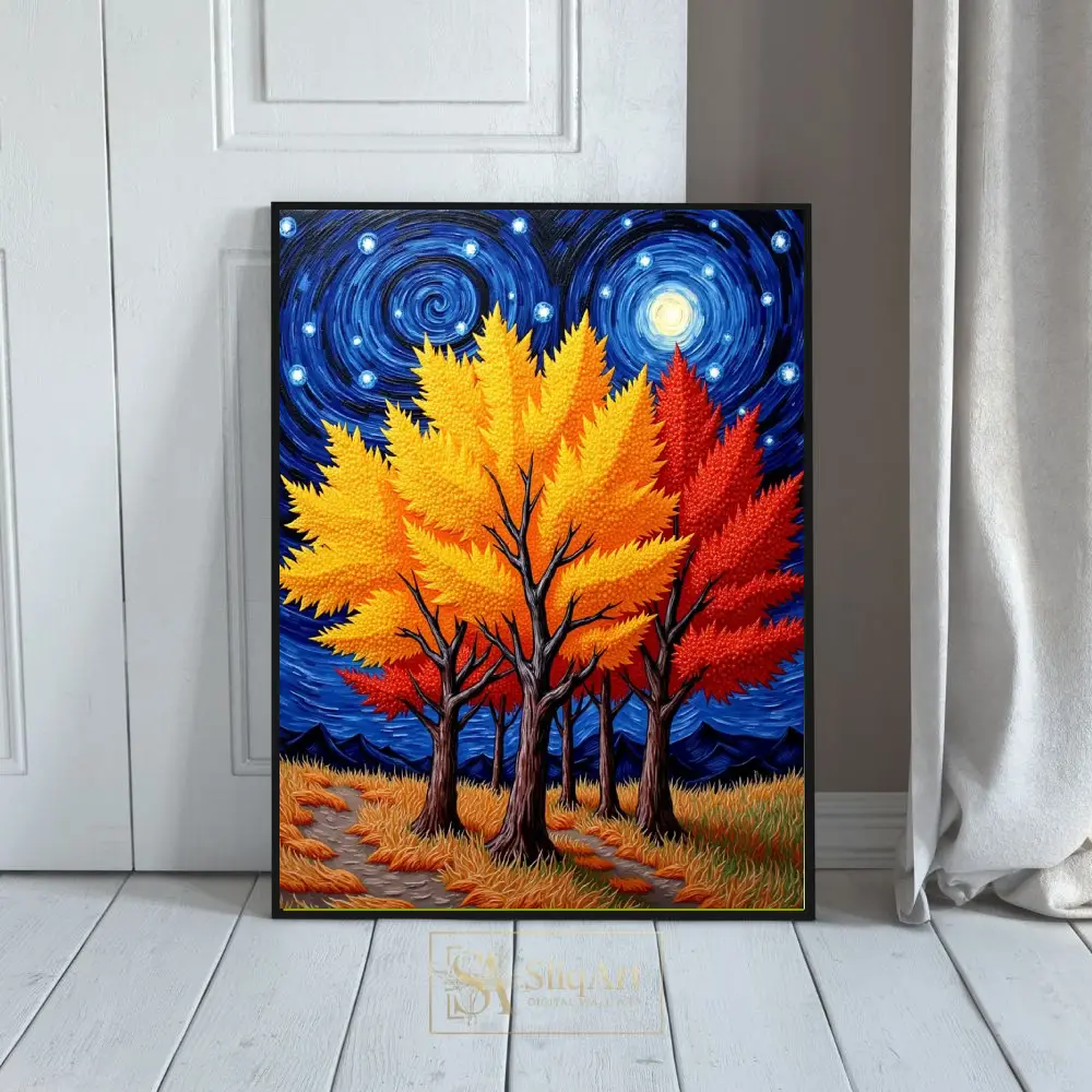 Vibrant Autumn Trees Night Sky Canvas Art - Post-Impressionist Style