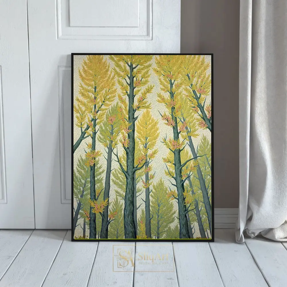 Golden Forest Tapestry Style Art Print - Mustard & Teal Nature Wall Decor