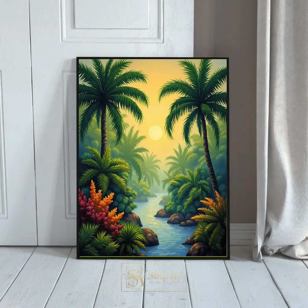 Tropical Palm River Sunset Art - Vibrant Jungle Landscape Canvas