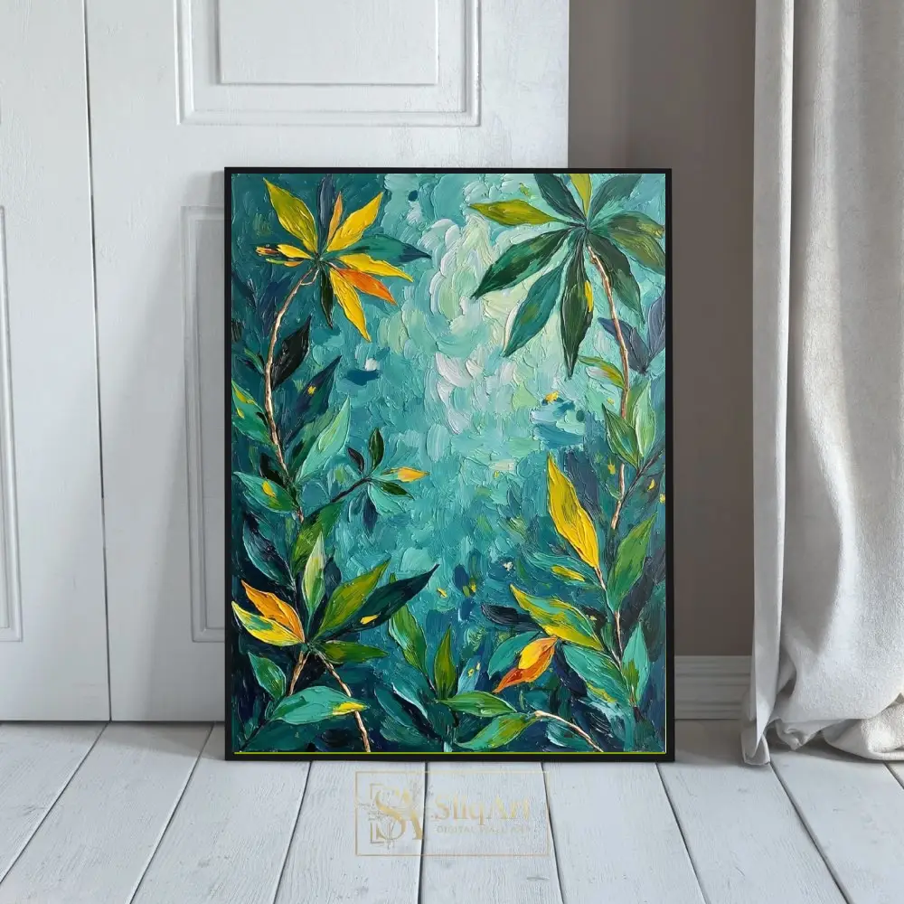 Tropical Teal & Yellow Impasto Botanical Art
