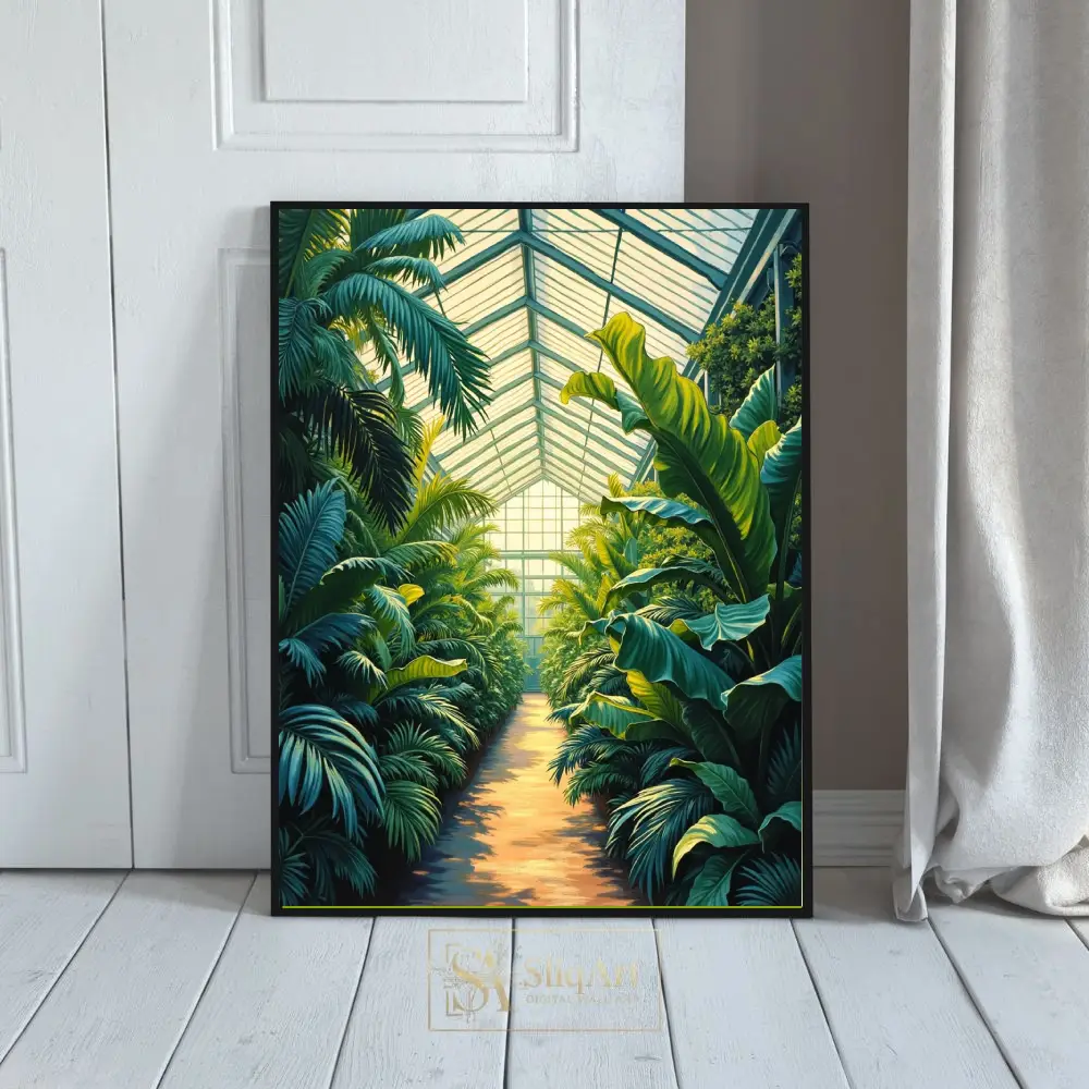 Sunlit Tropical Greenhouse Art Print - Lush Conservatory Botanical Wall Decor