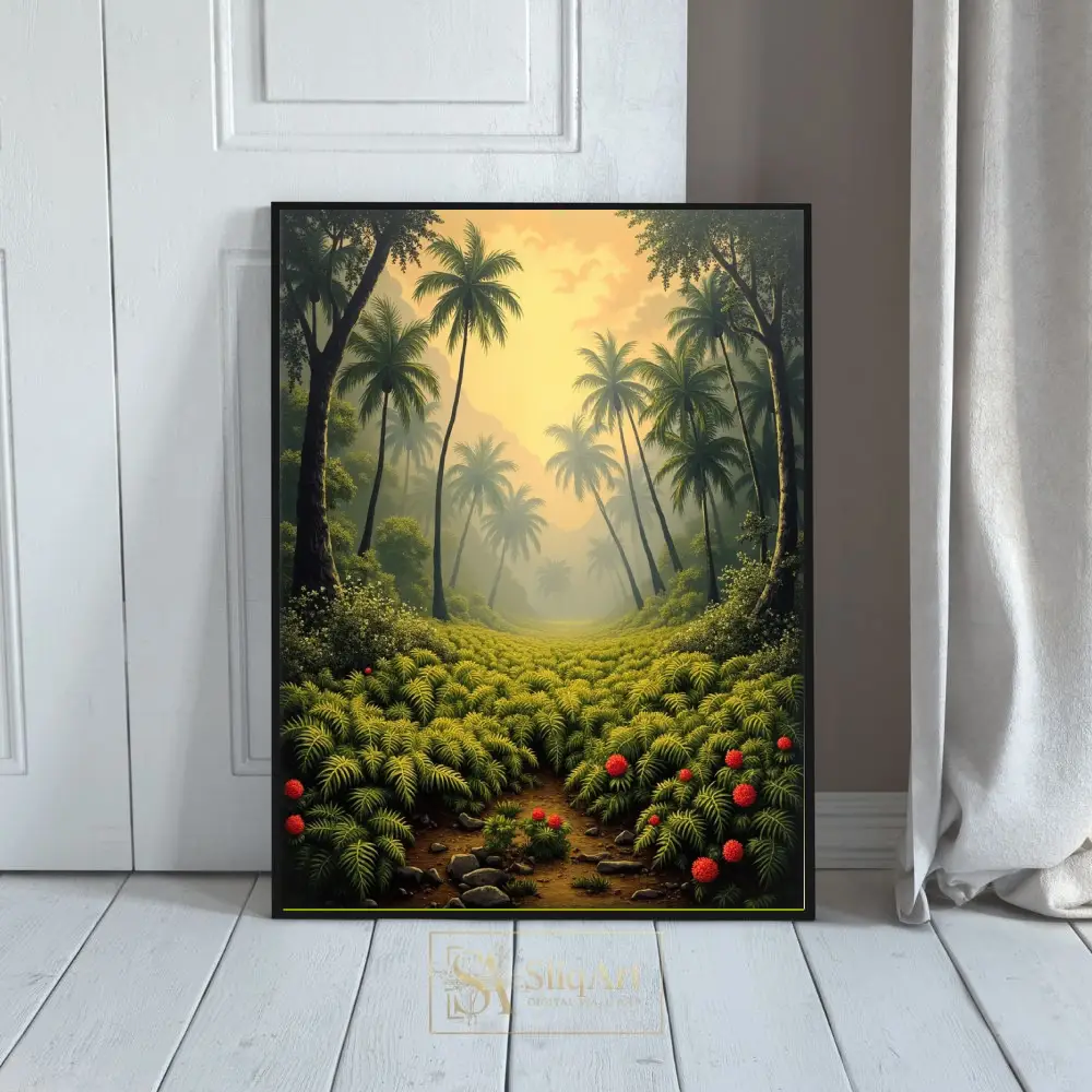 Tropical Jungle Path Wall Art - Golden Sunset Palm Tree Landscape