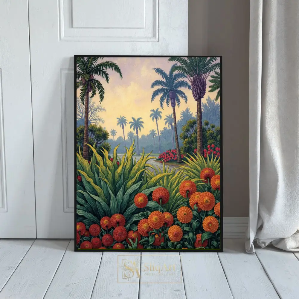 Vibrant Tropical Garden Art - Palm Trees and Orange Flowers Canvas