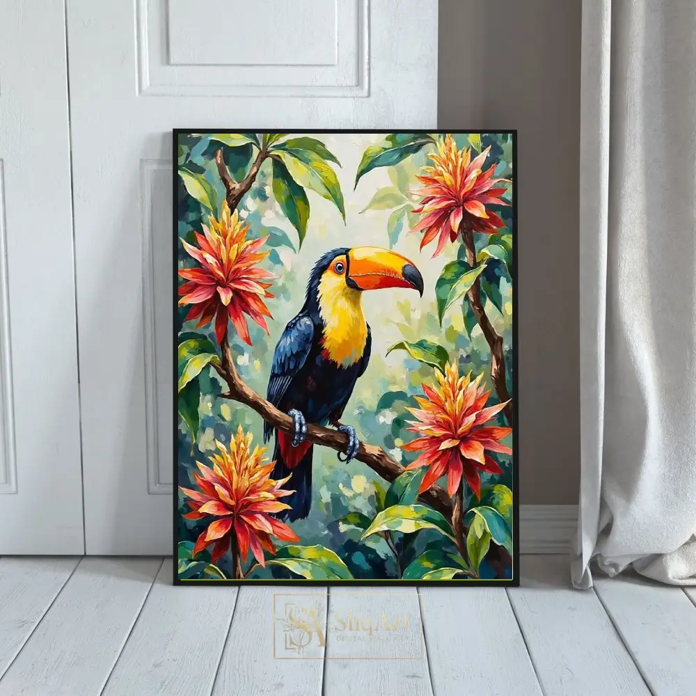 Vibrant Toucan Jungle Oil Painting - Tropical Bird Wall Art