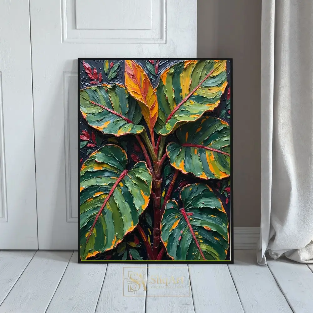 Vibrant Tropical Leaf Impasto Canvas Art - Bold Botanical Wall Decor