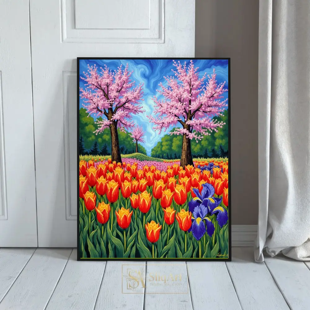 Vibrant Spring Garden Landscape Art - Cherry Blossom & Tulip Canvas