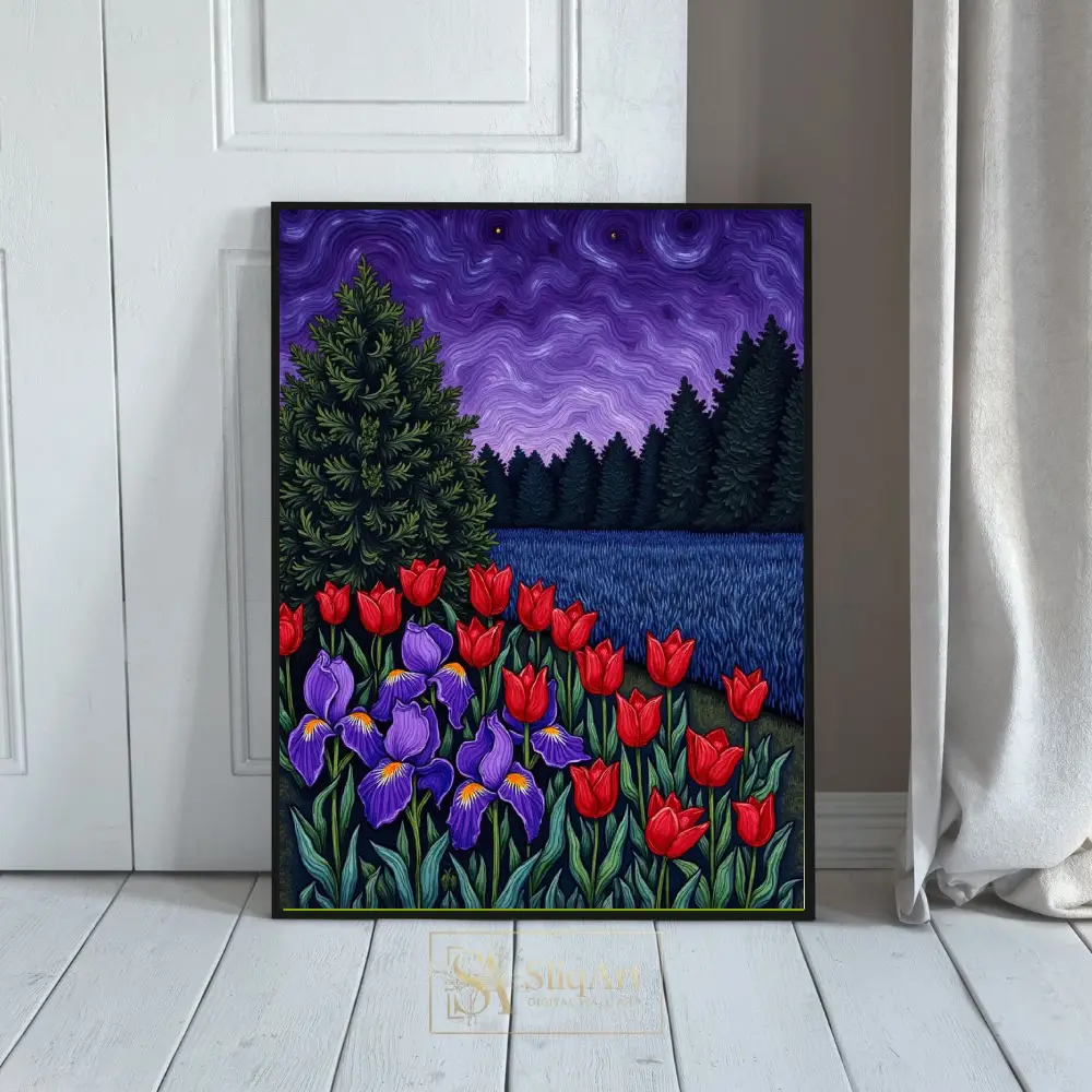Enchanted Night Garden Canvas Art - Red Tulips & Purple Irises