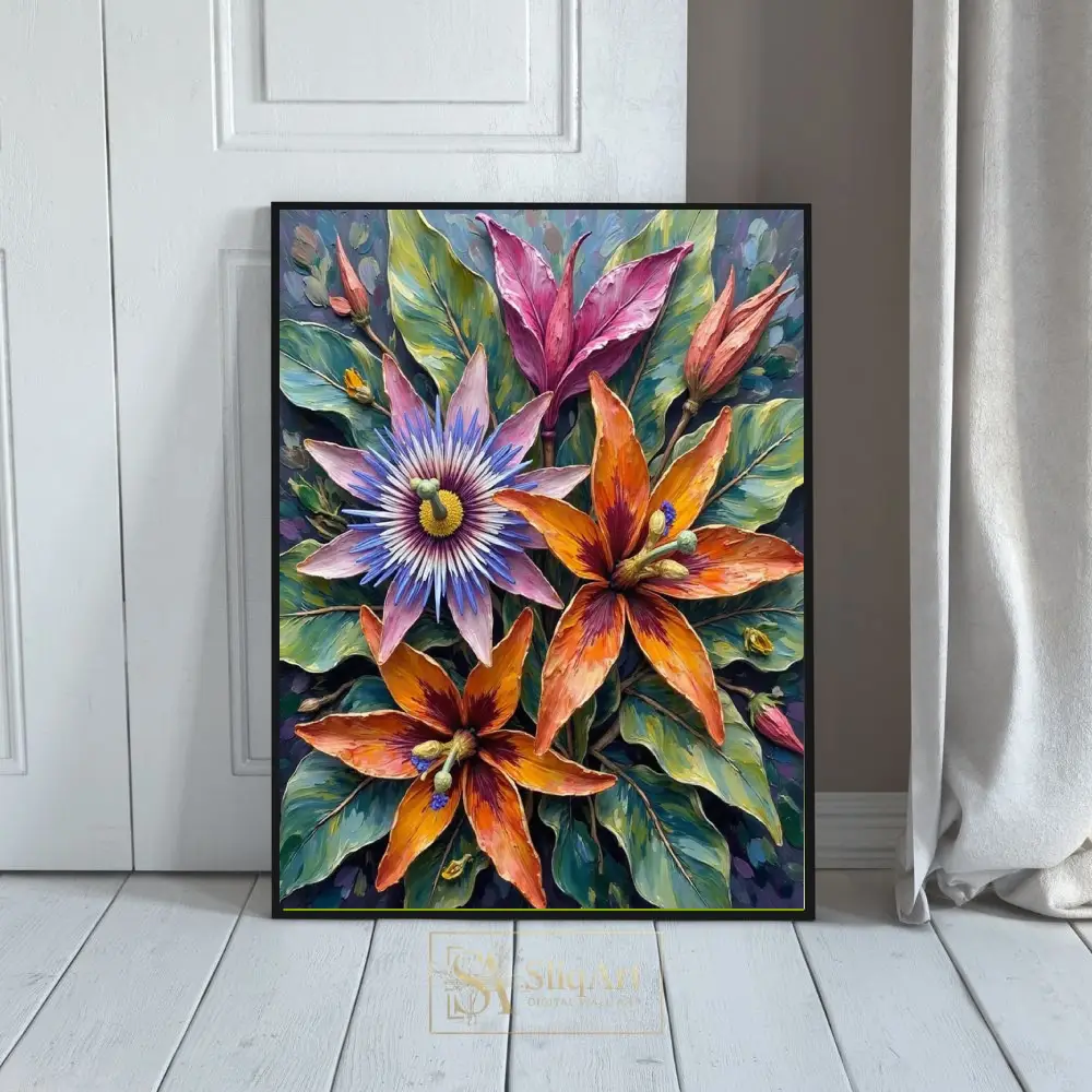 Vibrant Impasto Tropical Floral Wall Art - Textured Orange Lilies & Passion Flowers
