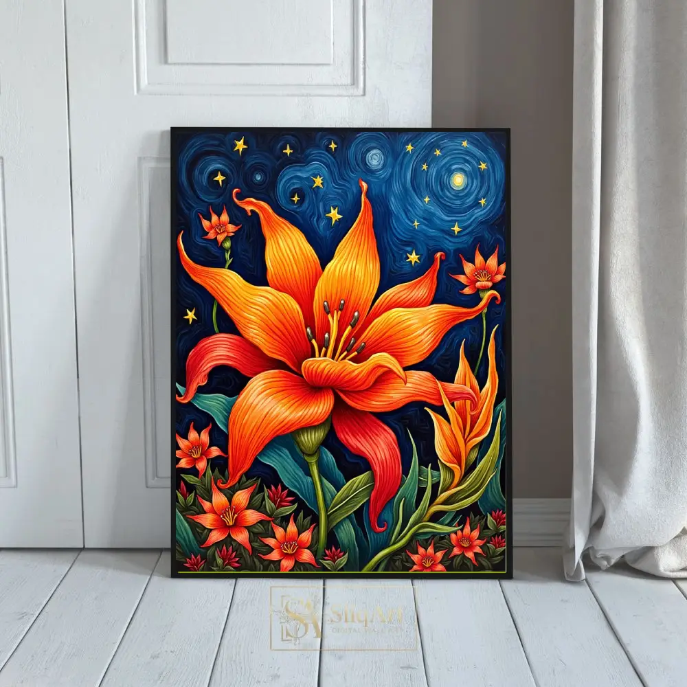 Celestial Bloom: Orange Lily Starry Night Wall Art