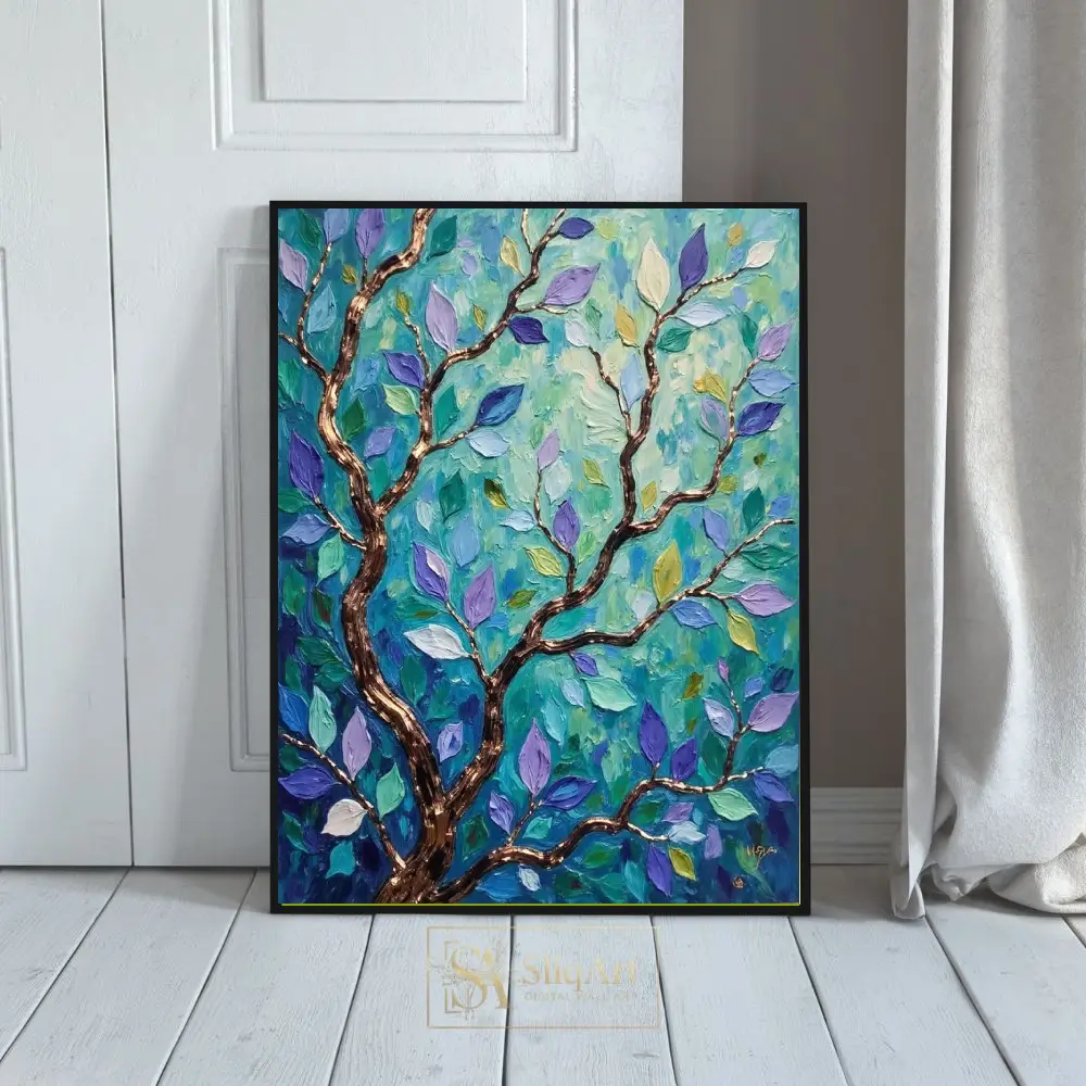 Abstract Tree Branch Canvas Art - Teal, Purple & Gold Impasto Painting