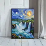 LAN victorian landscape painting featuring a night sky with three stars waterfall and river and lush forest surrounding 258