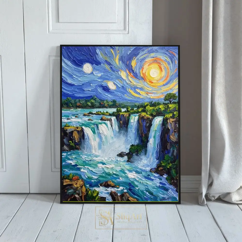 Impressionist Waterfall Canvas Art - Starry Sky Landscape