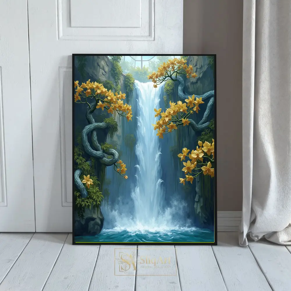 Enchanted Waterfall with Yellow Blossoms Canvas Art | SliqArt