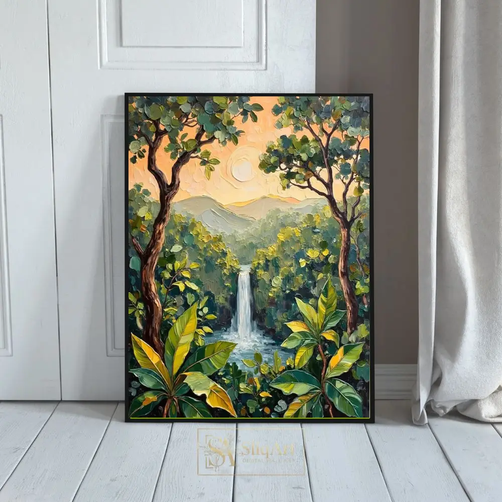 Impressionist Waterfall Forest Landscape Canvas Art