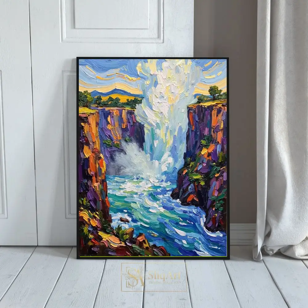 Impressionist Waterfall Cliff Art Print - Vibrant Blue & Orange Impasto Decor