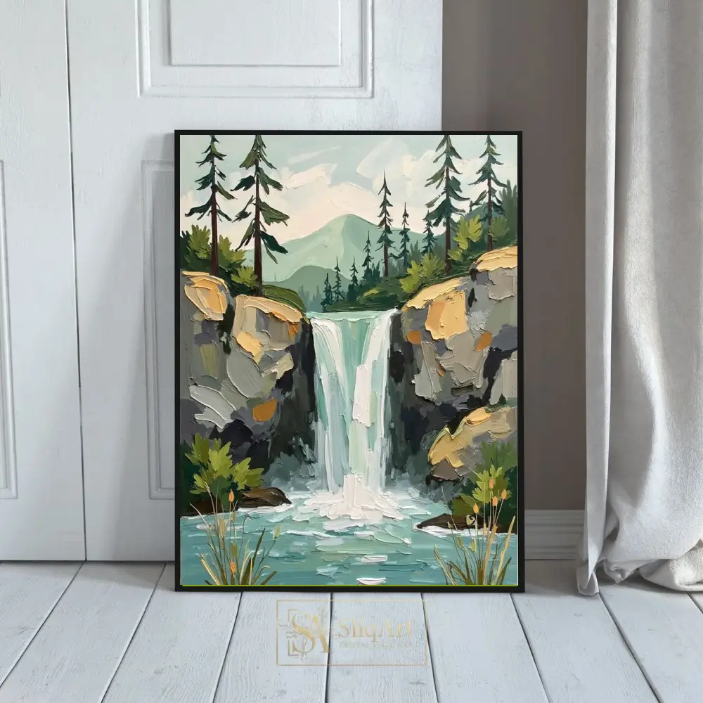 Modern Impasto Waterfall Landscape Art Print