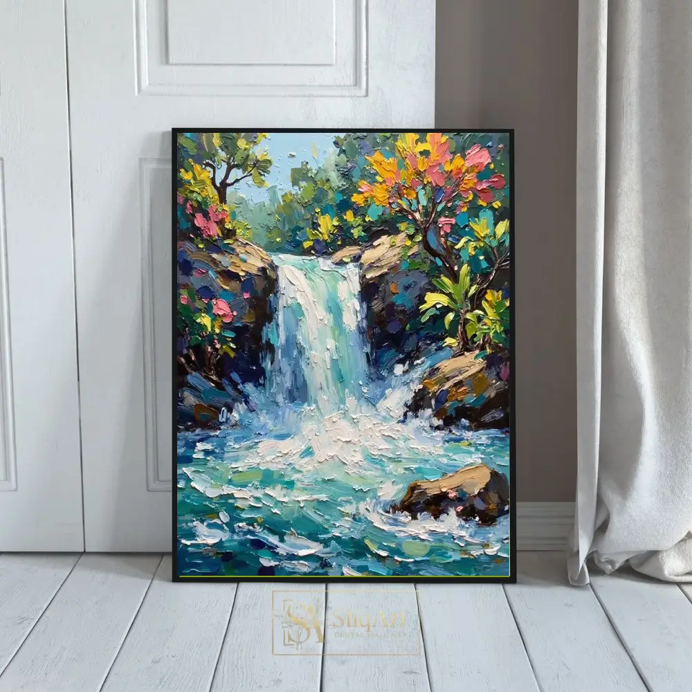 Vibrant Cascading Waterfall Impasto Canvas Art - SliqArt Nature Series