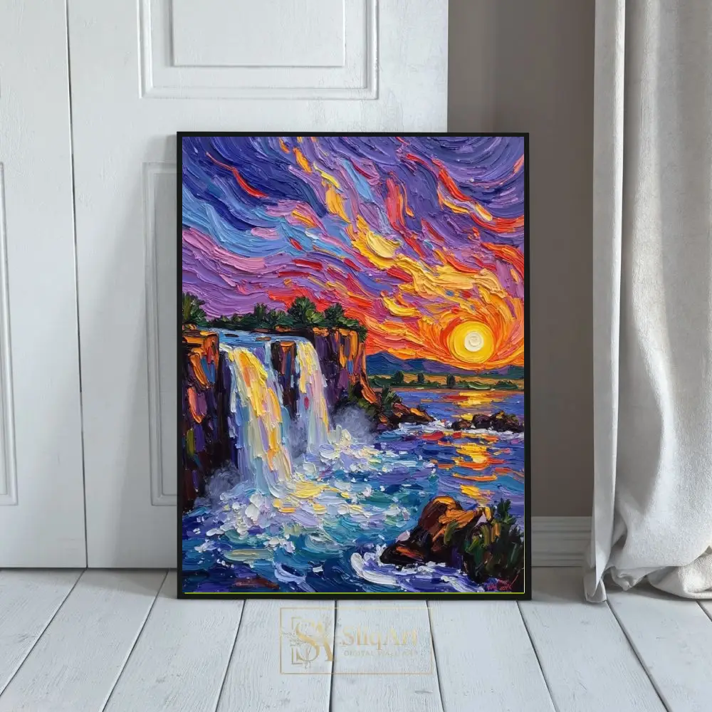 Vibrant Waterfall Sunset Impasto Canvas - Textured Landscape Art