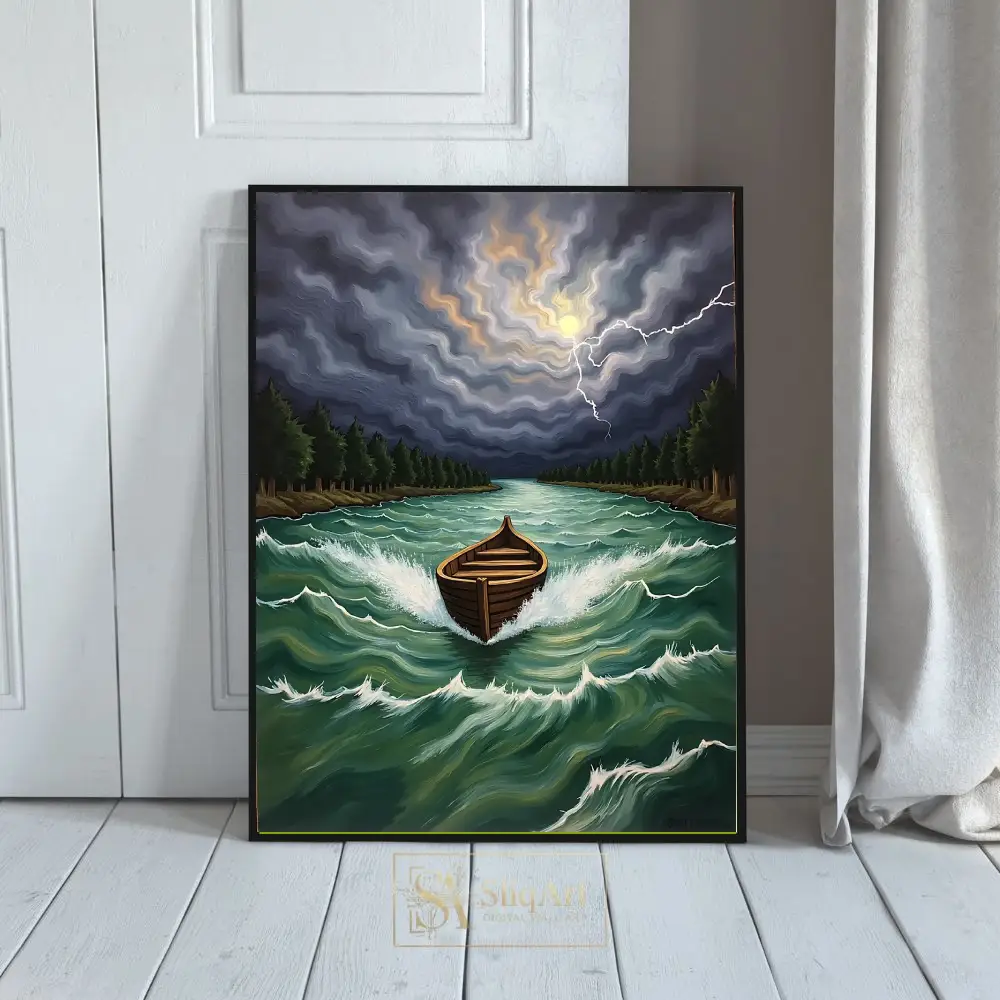 Dramatic Stormy River Boat Wall Art - Stylized Landscape Canvas
