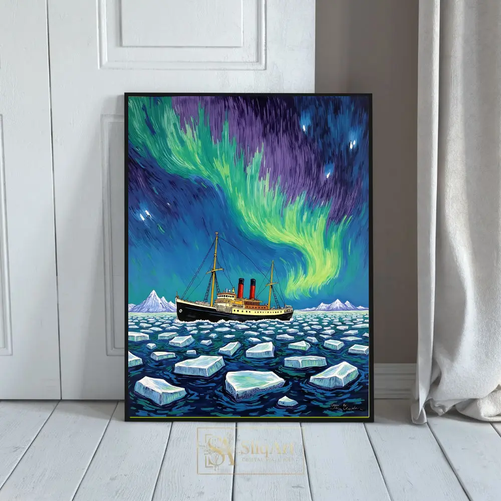 Arctic Voyage: Steamship Under Aurora Borealis Wall Art