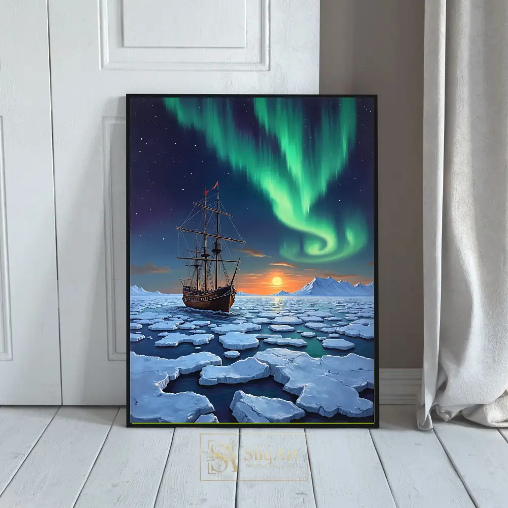 Celestial Voyage: Sailing Ship and Aurora Borealis Wall Art